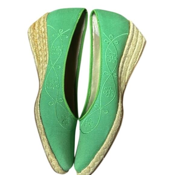 Vintage Beacon Kelly‎ Green Embroidered Canvas Wedge Espadrilles Size 8.5W - Picture 2 of 10